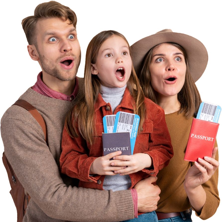 Excited family with second passport, representing Kreations.Life's Citizenship by Investment services